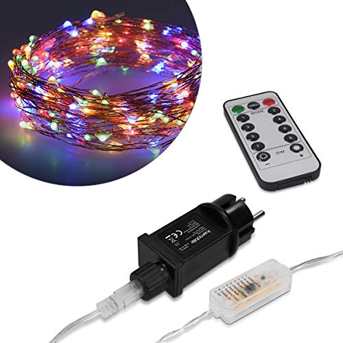 Preisvergleich Produktbild kwmobile LED Draht Lichterkette 10m - Strombetrieb - Mehrfarbiges Licht - Lichterdraht mit Fernbedienung und 100 LEDs - Deko Leuchtdraht in Kupfer