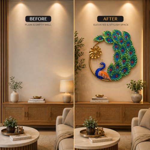 Image of SHREE 'O' GREEN TECH - Modern Round Peacock Metal Wall Art Handmade Decorative Iron Leaf Wall Hanging for Living Room Bedroom Entryway Dining Room Office Hotel Decoration