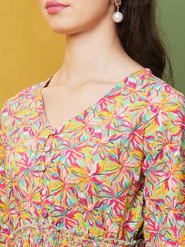 Image of Globus Women Blue Printed Causal V-Neck A-Line Ethnic Dress-3640391001