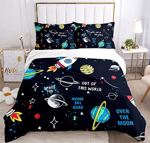 MRSTOT 2/3 Pcs Fusée Astronaute Parure de lit avec Housse de Couette et taie d'oreiller Motif Planète,Dessin animé Parure de lit pour Enfants Garçons Et Filles (D,Double-200×200cm) Cover