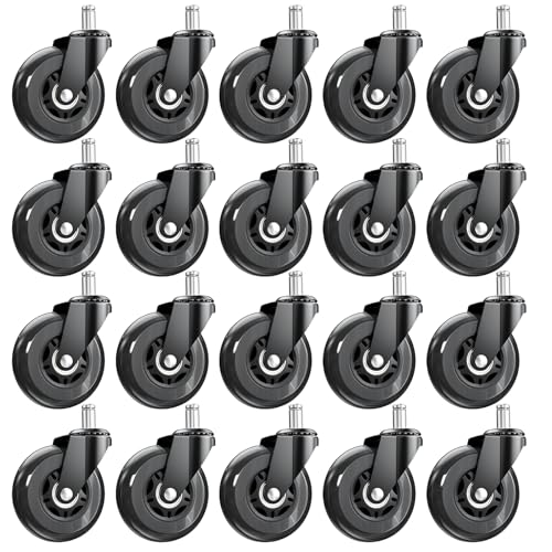 Image of 3 Inch Office Chair Wheels, Set of 20 (Black) | Heavy Duty Replacement Casters for Hardwood Floor & Carpet, Smooth Quiet Roll, Universal 11mm Stem, Non-Marking PU Wheels