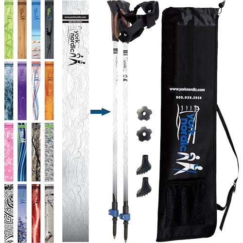 Official Nordic Walking Poles - True Classic Nordic Glove Grips, Lightweight, Adjustable, and Collapsible -2 Pieces w/flip Locks, Detachable Feet and Travel Bag by York Nordic - Heights 5'4"-6'2"
