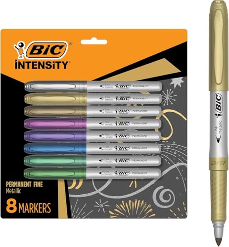 BIC Intensity Metallic Permanent Markers, Fine Point, 8-Count Pack of Metallic Markers With Non-Slip Grip for Comfort and Control