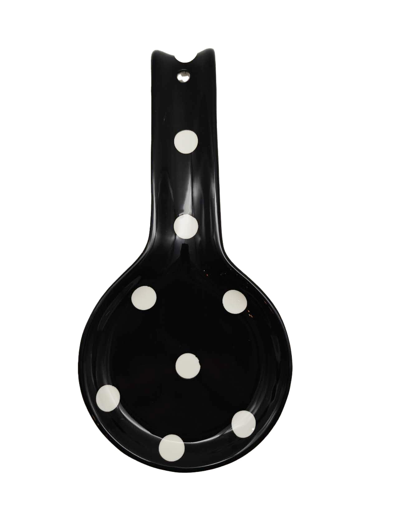ACK Viva Collection Black with White Polka Dot Hand Painted Ceramic Spoon Rest, Cooking Spoon Holder for Kitchen Counter, Utensil Rest for Spoon, Ladle, Spatula, Kitchen Décor