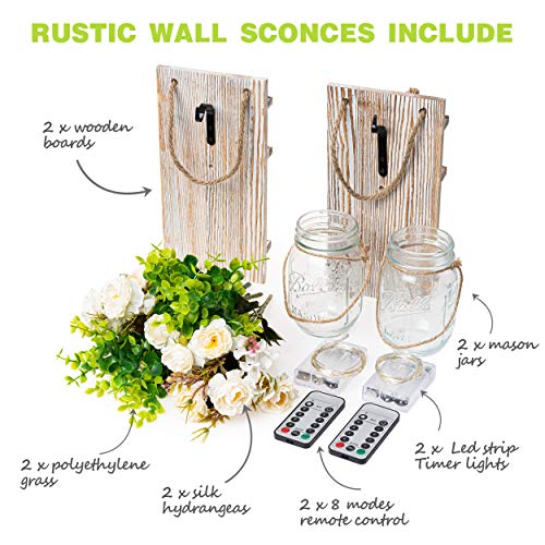 Surewin Rustic Wall Sconces, Decorative Mason Jar Sconces Wall Decor Set Of 2 Hanging Design With Remote Control Led Fairy Lights Farmhouse Wall Decorations For Kitchen Living Room Home Decoration #TOP5