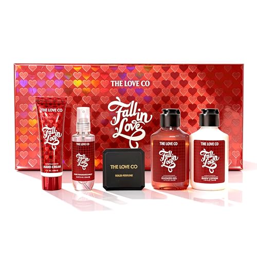 Image of THE LOVE CO. Fall in Love Gift Set for Women | Body Wash, Body Lotion, Body Mist, Hand Cream & Solid Perfume | Luxury Bath & Body Pampering Kit | Birthday, Anniversary & Special Occasion Gift | Premium Vegan Packaging Pack of 5