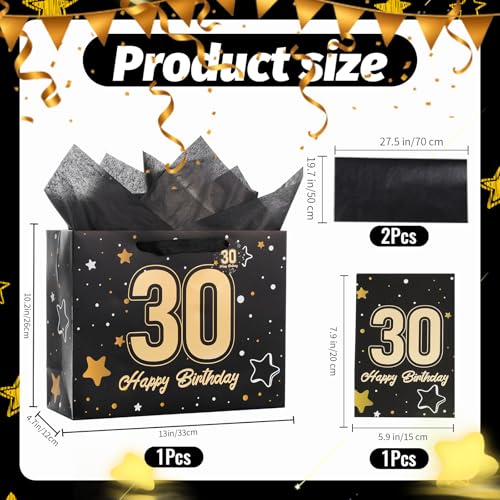 Image of Powbrace 13 inch Black 30th Birthday Gift Bag with Tissue Paper and Greeting Card for Party,Happy Birthday Gift Bag for Men Women,Gift Bags Medium size(1 Black 30th)