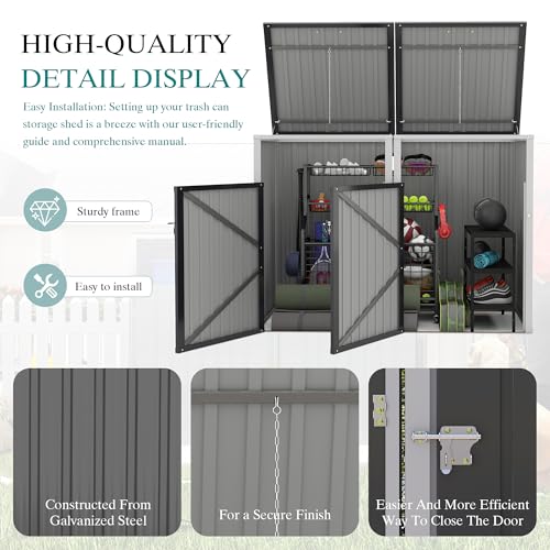 Image of KEIKI Outdoor Garbage Bin Shed for 2 Trash Cans, 54 Cu.Ft Metal Trash Can Storage with Hydraulic Lift Lid, Galvanized Steel Lockable Enclosure for Yard, Garden, Patio, Dark Gray