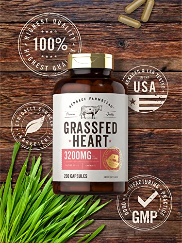 Grass Fed Beef Heart 3200Mg | 200 Capsules | Desiccated Pasture Raised Bovine Supplement | Non-Gmo, Gluten Free | By Herbage Farmstead #TOP4