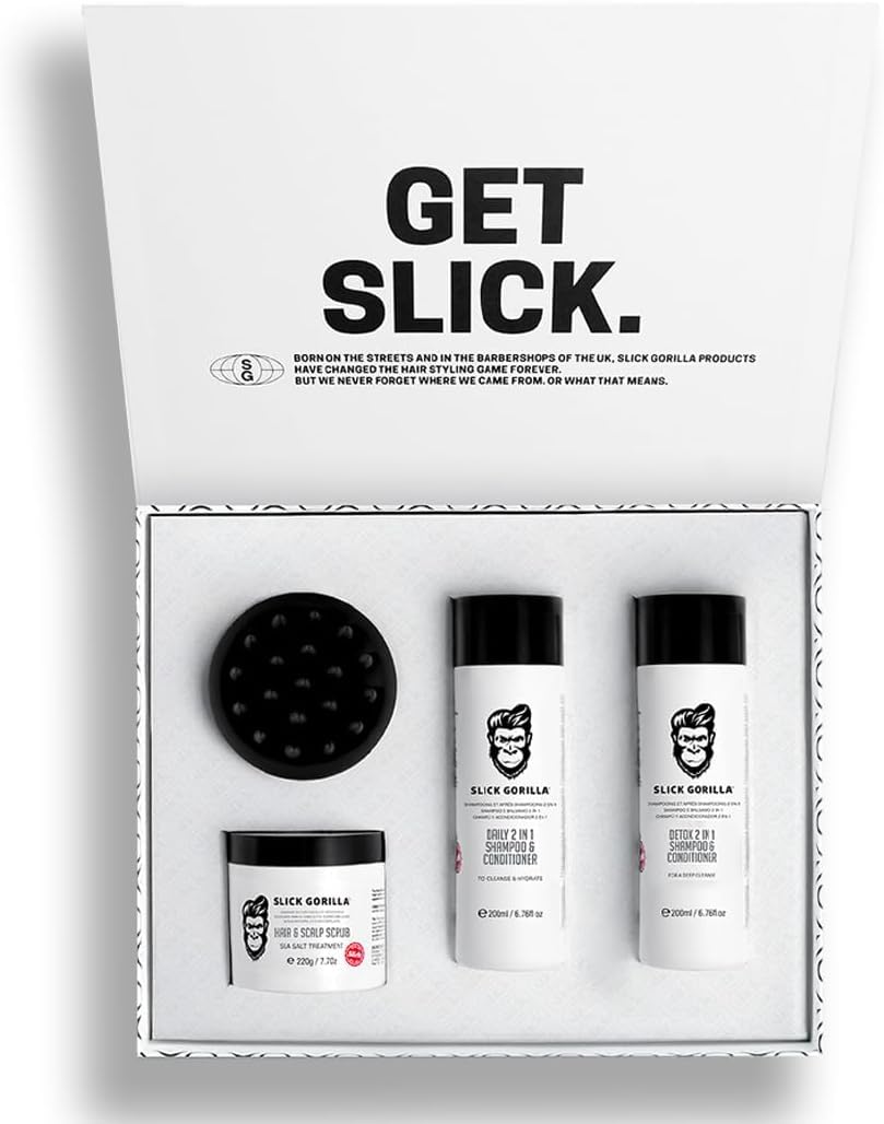 Slick Gorilla The Care Box Set, Hair Care Gift Set Includes 2 in 1 shampoo, Detox Shampoo, Scalp Scrub, & Scalp Brush for Straight, Wavy, Curly Hair Products