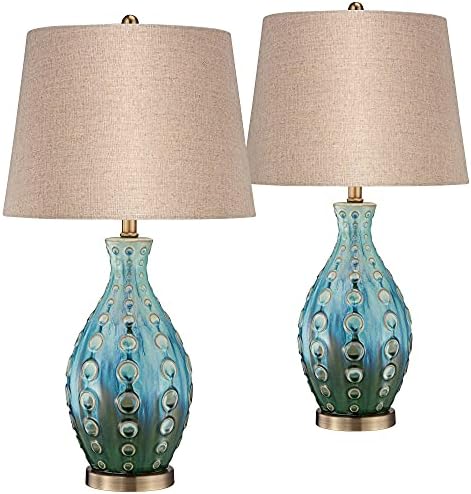 360 Lighting Mid Century Modern Vase-Shaped Table Lamps 26.5" High Set of 2 Glaze Teal Green Hand-Made Ceramic Tan Linen Drum Shade for Living Room Bedroom House Bedside Home (Color May Vary)