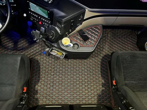 Dywanik samochodowy do kabiny kierowcy samochodu ciężarowego. Zestaw kompatybilny z Mercedes Actros MP4 MP5 MP6 (Czarny, beżowe nici, Fotel pasażera nieamortyzowany)