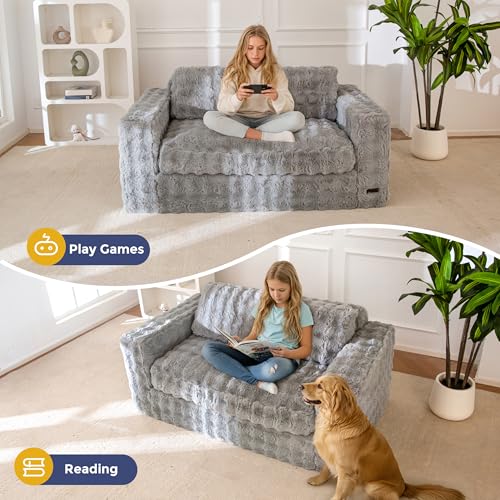 Image of MAXYOYO Loveseat Sofa Couch, Upholstered Bean Bag Chair Cloud Seat for Adults, Boneless Couch with Cushion & Pillows, Sofa in A Box, No Assembly Required, Bubble Grey, 2-Seat