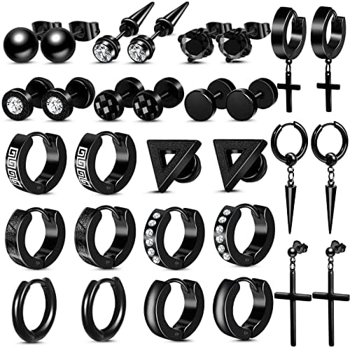 ONESING 15 Pair Earrings for Men Black Mens Earrings Stainless Steel Black Earrings Cross Earrings for Men Women Hypoallergenic Dangle Hoop Earrings Stud Earrings Set
