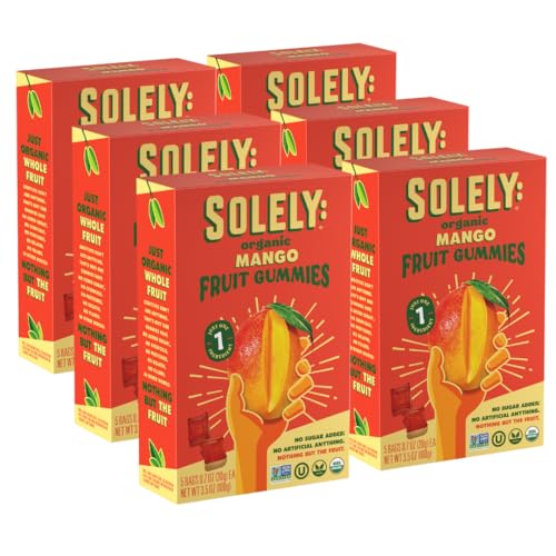 Image of SOLELY - Organic Mango Whole Fruit Gummies (Pack of 6 Boxes, 5 Bags per Box) - School Snacks - Healthy Snacks for Adults & Kids - Non GMO, Vegan Snacks, Shelf Stable - 30 Bags (3.5 oz)