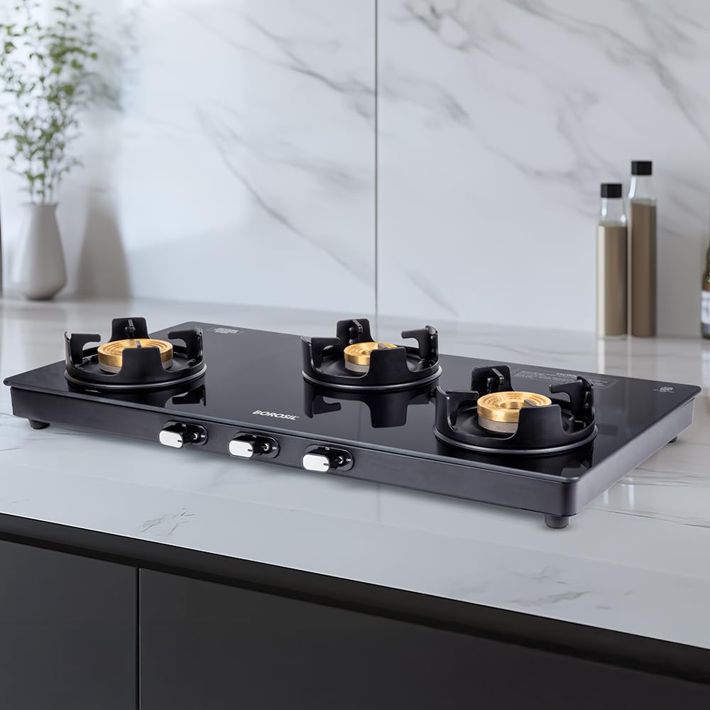 Borosil Flamestar 3 Burner Gas Stove | Brass Burner | 8 mm Toughened Glass Top | LPG Gas Stove | Mannual Ignition | 360⁰ revolving nozzle | High Effeciency Burner | 2 Years Warranty-image-1