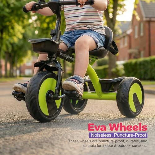 Image of Baybee Nova Baby Tricycle for Kids | Plug & Play Kids Cycle with Safety Belt & Front and Back Storage | Kid Cycle Trikes with Eva Wheels | Baby Cycles for Kid 2 to 5 Years Boys Girls (Black /Green)