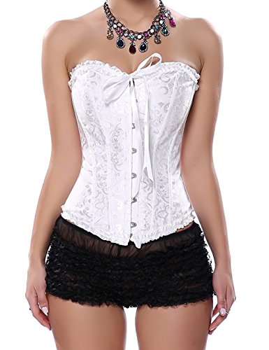 Blidece Women's Boned Lace Up Corset Satin Overbust Corset Plus Size Bodyshaper Top White Small