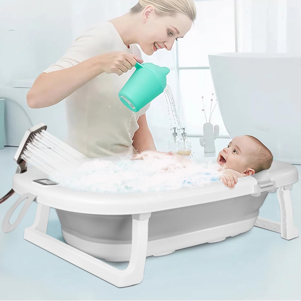 Vasca da bagno per neonati con tappetino da bagno e termometro, vasca da doccia portatile antiscivolo, vasca da bagno pieghevole per neonati bambini, 80 x 50 x 23 cm (grigio)
