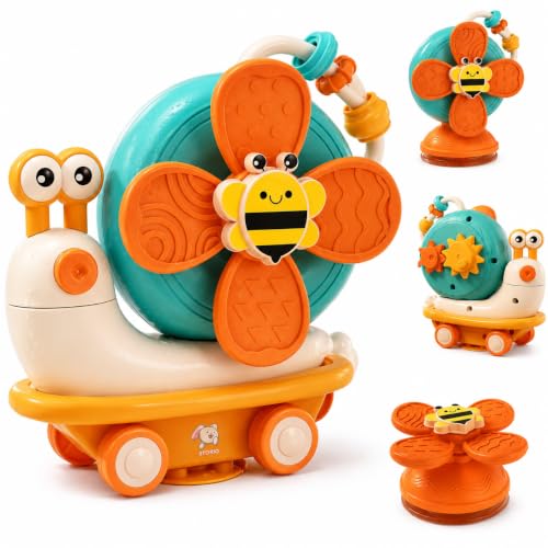 Image of Storio 5-in-1 Baby Suction Spinner Toy, Interactive Learning Set with Rattle and Sensory Play, for 6+ Months Kids - Orange & Cream