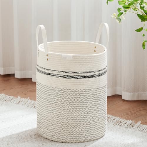 Image of VIPOSCO 53L Tall Woven Rope Laundry Hamper, Leather Handles, Stripe White