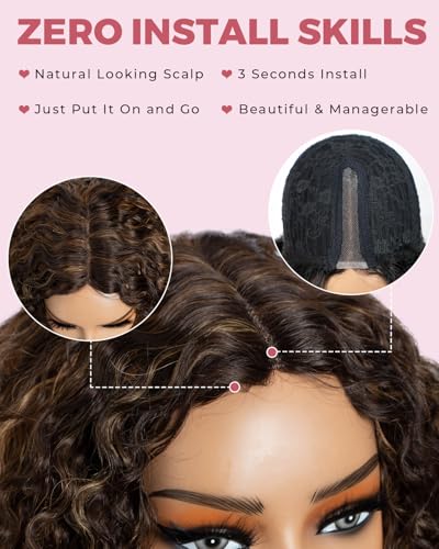 Style Icon Brown Short Curly Bob Wigs Human Hair Glueless Wig for Black Women 10 inch Middle Part Lace Deep Curly Bob Wig Non Lace Front Wig (Color: P4/30/27) - Image 4