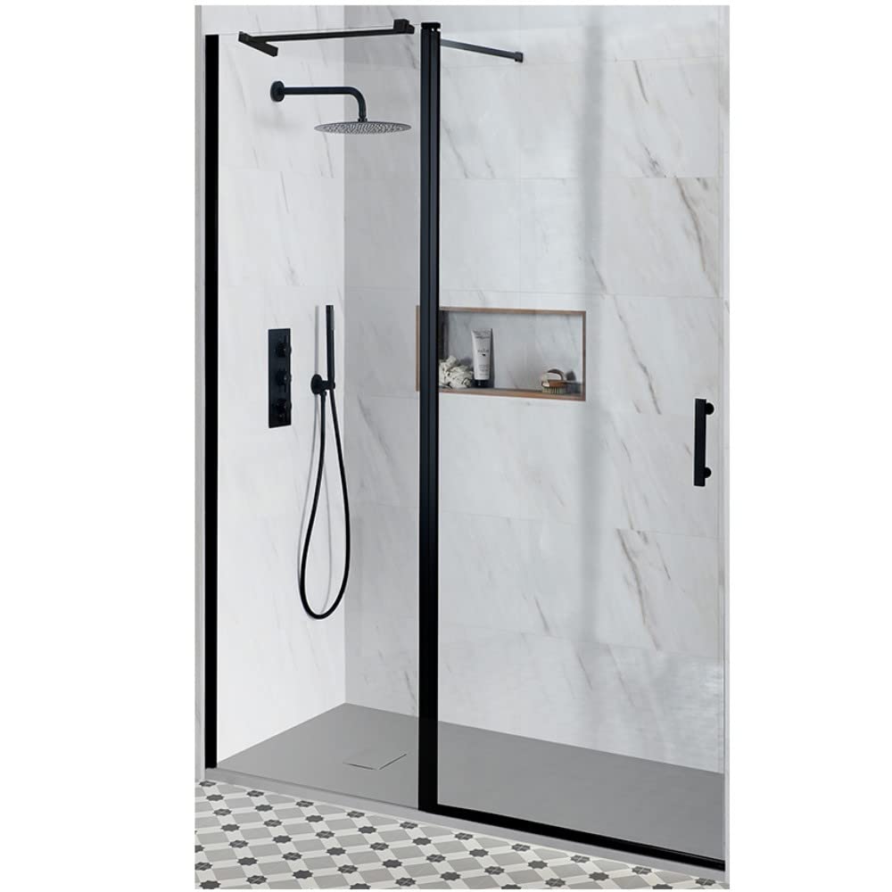 Milano Nero Black Reversible Walk in Hinged Door Shower Enclosure Light Grey Tray - 1600mm x 800mm