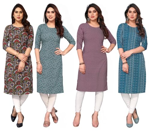 Image of JAKHANA Women's Crepe Printed Casual Straight Calf Length Round Nick Kurta Pack of 4