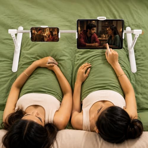 Image of BIJASANI Overhead Bed Stand for Phone & Tablet - Foldable, Height & Width Adjustable Floor Stand with 2 Separate Clips (Phone + Tablet) | Use Both Together | 360 Rotation, Fits 4-12.9 inch Devices