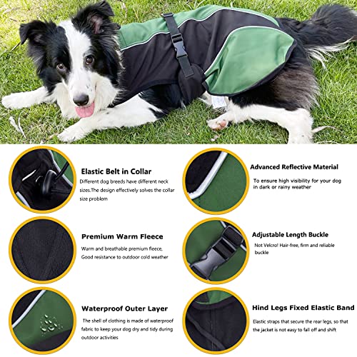 H.s.c.pet Reflective Dogs Waterproof Jacket,Green Shirts Adjustable Pups Lightweight Raincoats Fleece Inside, Doggie Windproof Warm Vest With Harness Hole(Size L,41-60 Lbs) #TOP1