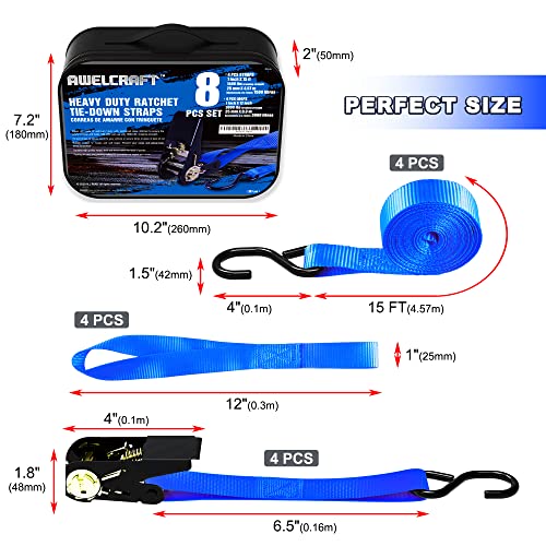 Awelcraft Ratchet Straps, 1500 Lbs Breaking Strength - Premium 4X 15Ft Tie Down Strap Set, 4X Soft Loops For Moving Appliances, Lawn Equipment, Motorcycle (Blue) #TOP1