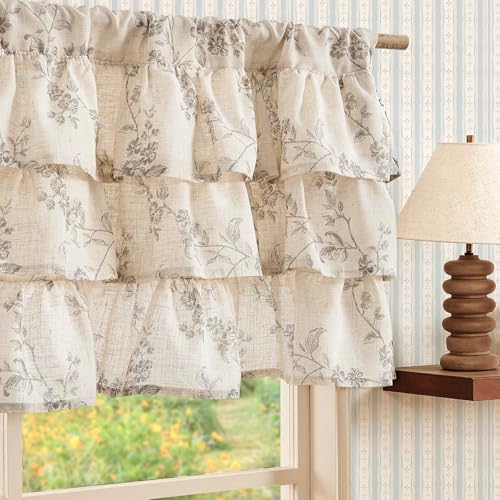 jinchan Ruffled Gray Floral Valance Curtain Shabbychic Linen Window Valance 18 Inch Farmhouse Rustic Window Treatment for Kitchen Bedroom Living Room Rod Pocket 1 Panel Grey on Linen