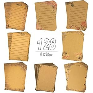 128 Sheets 8 Style Vintage Stationary Paper, 5.7 x 8.3 inch A5 Size 100gsm Kraft Floral Printed Letter Writing Stationery Bulk Set for Personalized Letters, Creative Poems, Lyrics, Notes, etc.