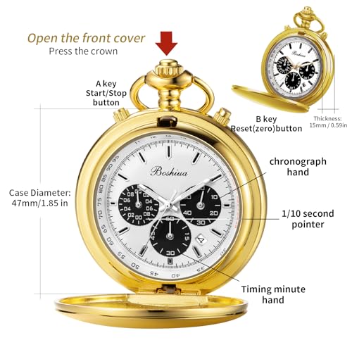 Image of BOSHIYA Smooth Quartz Pocket Watches for Men Multifunctional Chronograph Classic Vintage Mens Womens Pocket Watch with Chain Christmas Graduation Birthday Gifts Fathers Day