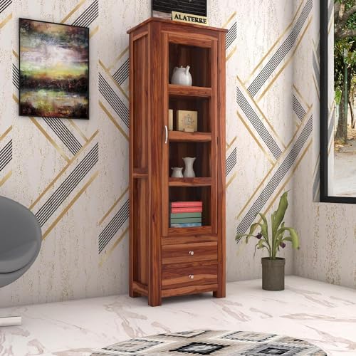 Image of Wood Book Shelf with Glass Door, Wooden Book Rack for Home Library, Kitchen Crockery Cabinet, Wooden Almirah, Bookcases, Book Shelf Storage 2 Drawers, Home Furniture, Honey Finish