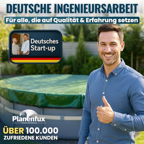 Planenfux® Poolabdeckung rund 366 cm (Für Ø 320-366 cm Becken) | 2-in-1 Abdeckplane Pool aus 200g/m² PE Material | Poolplane Solarplane Rundpool für Sommer & Winter | Ø 420 cm Schwimmbecken Abdeckung