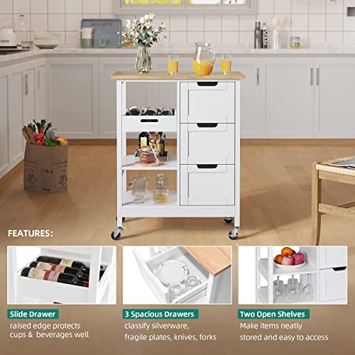 YITAHOME Small Solid Wood Top Kitchen Island Cart on Wheels with Storage, Rolling Portable Dining Room Serving Utility Carts Mobile Movable with 3 Drawers Cabinet, Oak & White by YITAHOME - Image 6