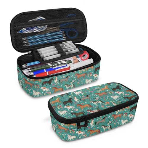 Image of Horse Floral Women Pencil Pouch Large Capacity,Girls Penci Bag for Children Lightweight Penci Pouch for Age 3-16 Kids Pencil Box with Mesh Pocket Box Pencil for Boys Teenagers