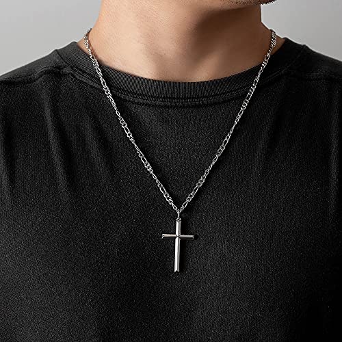 FANCIME White Gold Plated 925 Sterling Silver Cross Pendant Necklace With 4MM Figaro Solid Curb Link Chain Gifts for Him Men, 24-INCH2