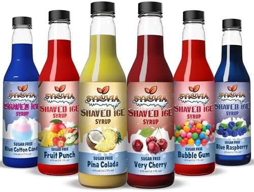Syruvia Sugar-Free Snow Cone Syrup 12.7oz -0 Calorie Bubble Gum, Fruit Punch, Cotton Candy, Cherry, Blue Raspberry, & Pina colada Syrup For Shaved Ice, Slushies, Italian Soda, Popsicles, Dairy Free.