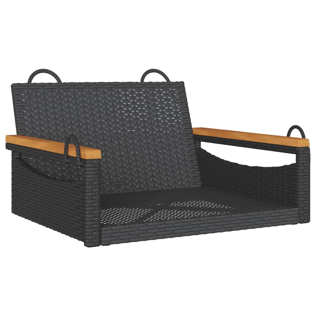 Banco Columpio de Ratán Sintético Negro 63x62x40 cm para Exterior, Mueble Colgante con Función de Balanceo y Anillos de Fijación, Estructura Robusta de Acero, Incluye 1