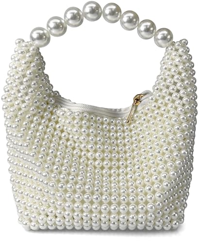 Geiomoo Pearl Handbags, Sparkly Crossbody Beaded Evening Purses Bag for Women Gril (White)