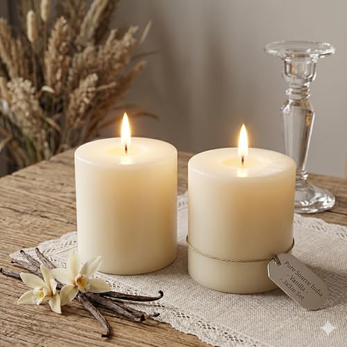 Image of Pure Source India Vanilla Scented Pillar Candle 3x3 inch Smokeless & Dripless Wax Candles for Home Decor and Light Festivals (Set of 2)