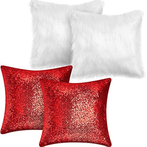 Irenare 4 Sequin Fluffy Pillow,Red, White,18 x 18 Inch