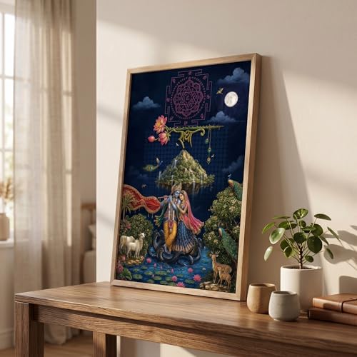 Image of Livin'luxe Radha Krishna Ras Leela Wall Painting for Living Room Bedroom Home Decor with Premium Wooden Color Synthetic Frame, Spiritual Hindu Art Gift (18 x 24) NL01-4082