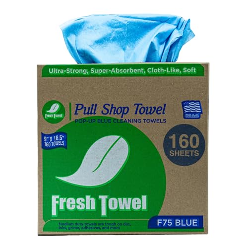 Image of Fresh Towel Pop-Up Shop Towels - Medium Duty Blue Disposable Cleaning Cloths, 9 inch x 16.5 inch - 1 Box of 160 Soft, Absorbent Wipes for Garage, Janitorial, Home & Auto - Made in the USA