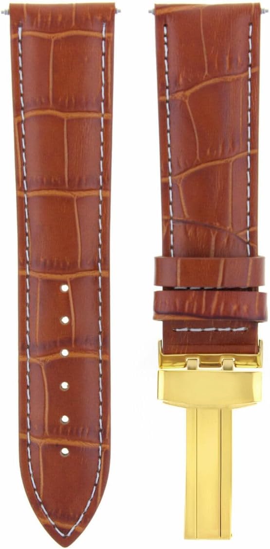 Ewatchparts 17-24mm Leather Watch Band Strap With Deployment Clasp Compatible With Rolex Gold