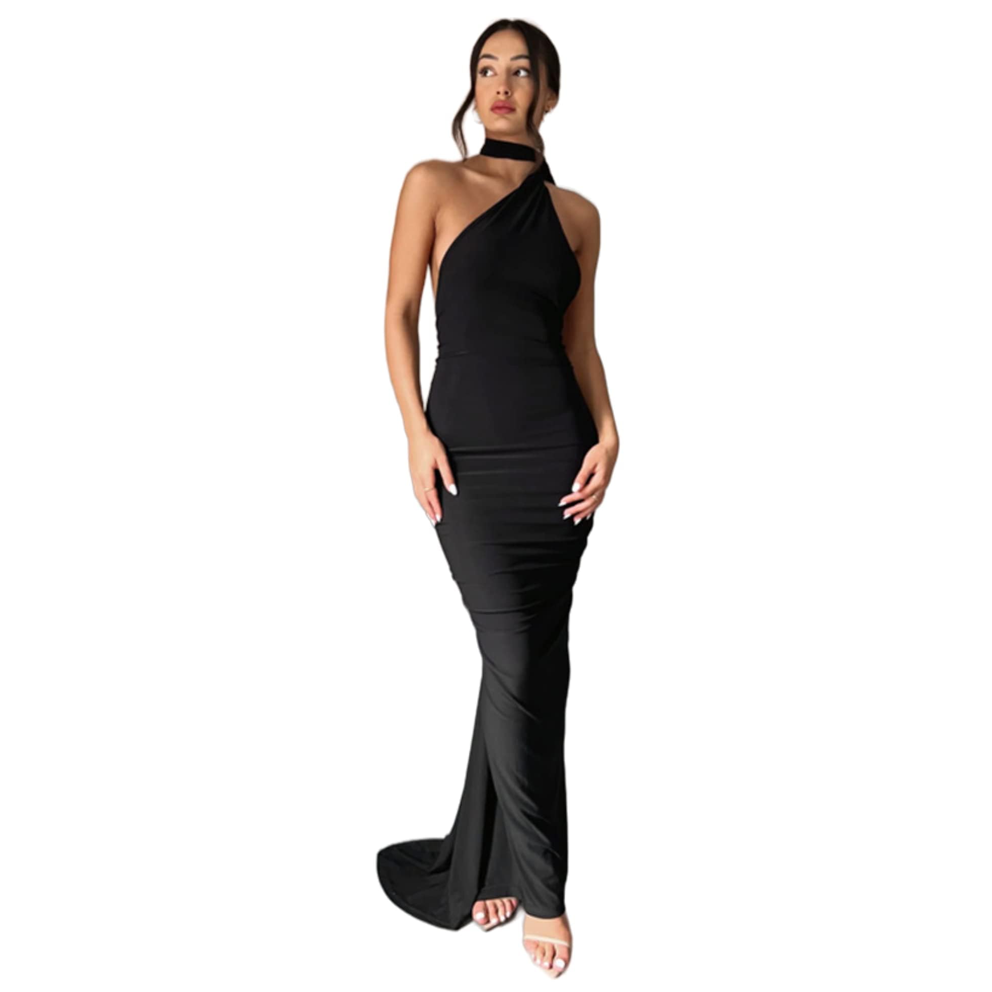 Damen-Maxikleid, einseitige Schulterpartie, rückenfrei, elegant, gerafft, mit O-Ring, ärmellos, Abendkleid, langes Cocktailkleid