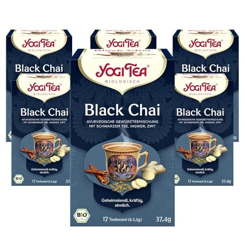 Yogi Tea - Black Chai, Schwarzer Chai, Ayurvedischer Bio Gewürz- und Kräutertee, Mischung aus schwarzem Tee, Ingwer, Zimt, Yogi Tee 6er Pack, 6x17 Beutel (102 Teebeutel insgesamt), Ideal als Geschenk
