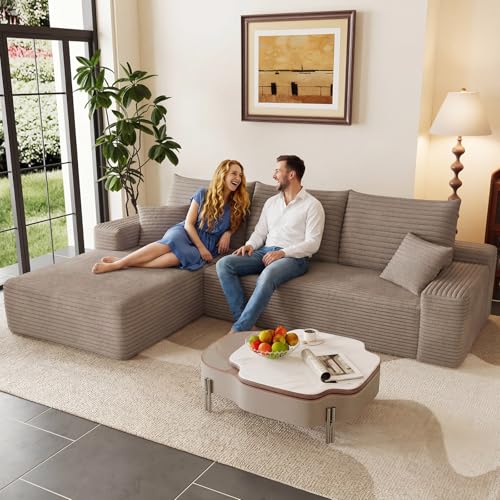 Image of 95 inch Modular Sectional Couch, Boneless L Shaped Cloud Sofa with Chaise Lounge, Corduroy Upholstered Couches Memory Foam Deep Seat, No Assembly Required, Ideal for Living Room(Camel, Left Facing)